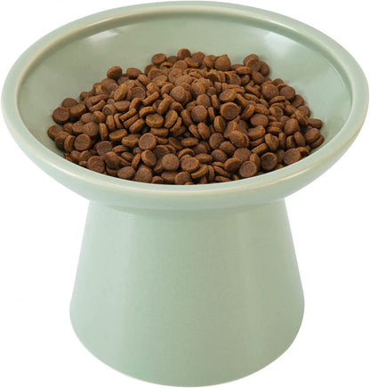 CEEFU Extra Wide Elevated Ceramic 6.2" Shallow Cat Food Bowl | Cat Dish for Whisker Fatigue Relief, 5" Height for Easy Feeding, Lead & Cadmium Free, Durable Raised Cat Bowl, Sage Green1