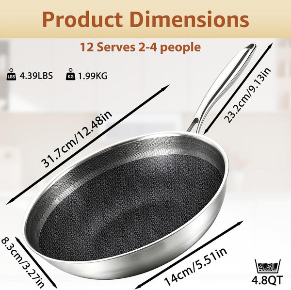 12 Inch Hybrid Nonstick Wok with Lid | Ceramic Coating | Honeycomb Stainless Steel Wok Pan | Oven & Dishwasher Safe | Flat Bottom Wok for Electric & Induction Cooktop | Long Handle7