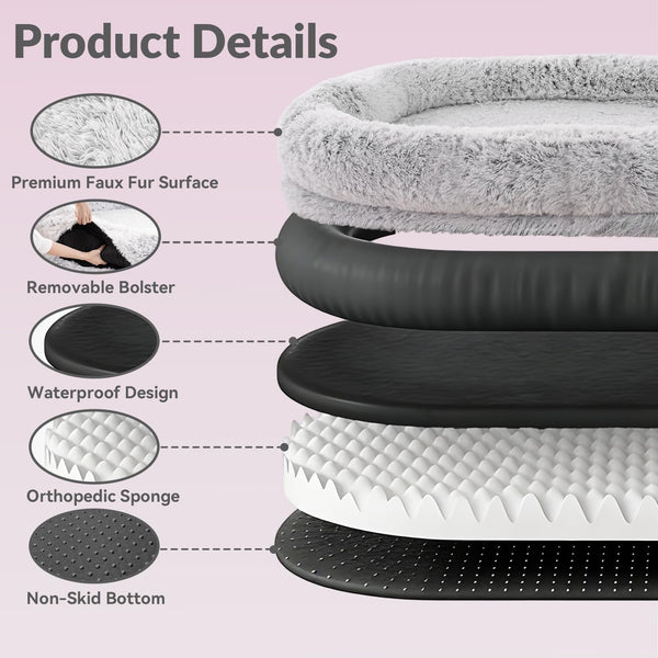 79"X44"X12.5" Human Dog Bed for Adult Faux Fur Washable Human Dog Bed Portable Handle, Egg Orthopedic Foam Human Bed Extra Large Grey3