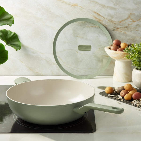 Leo Balance Ceramic Nonstick Wok Pan & Glass Lid, 12.75" 6.2Qt | Induction Compatible Flat Bottom Recycled Aluminum Stir Fry Pan, PFAS & PTFE Free, Stay Cool Helper Handle, Sage Green3