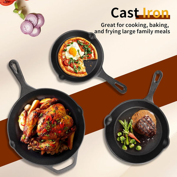 Cast Iron Skillet 3-Piece Set, 6", 8", 10" Frying Pans, Heavy-Duty Pre-Seasoned Pan Cookware Set, for Frying, Saute, Cooking, Pizza & More, Black6