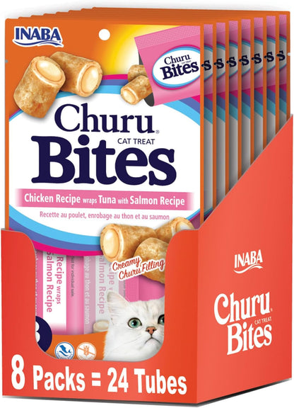 INABA Churu Bites for Cats, Soft/Chewy Baked Chicken Wrapped Churu Filled Cat Treats with Vitamin E, 0.35 Ounces per Tube, 24 Tubes Total (3 Tubes per Pack), Chicken Recipe13