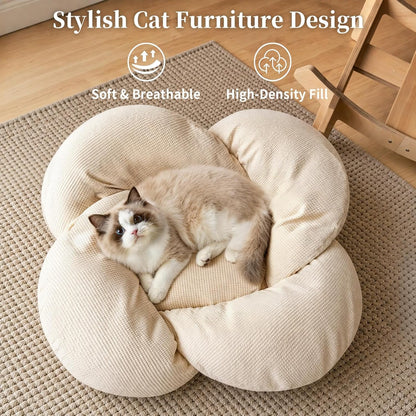 PACHIRA Elevated Cat Bed Wooden, Cat Couch Fluffy, Cat Sofa Flower for Indoor Cats, Raised Cat Bed with Washable Fluffy Cushion and Birch Wood, Cat Chair for Kitty and Puppy, Cat Furniture (White)2