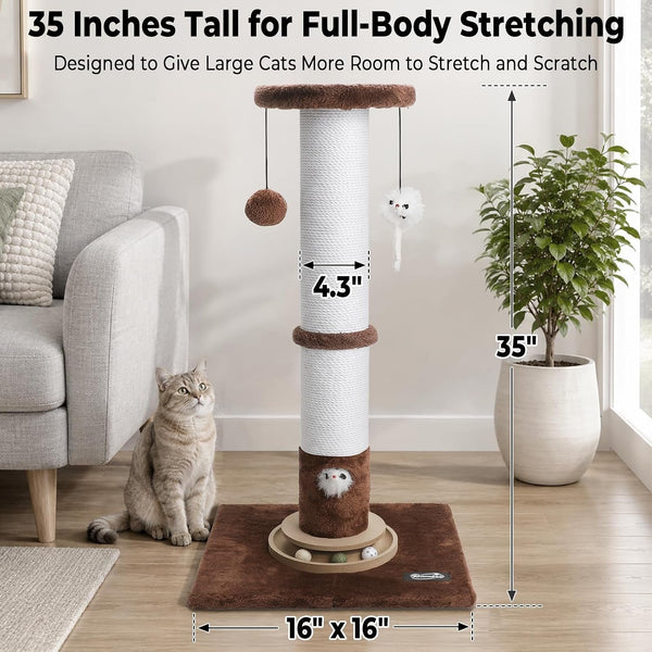 35-Inch Tall Cat Scratching Post, Stable Base for Large Cats, Brown | Heavy-Duty, Soft Natural Cotton Rope Cat Scratcher, Interactive Cat Toys, Wooden Ball Track, for Kittens and Indoor Cats2
