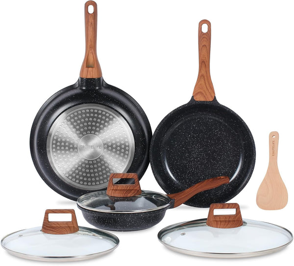 Nonstick Ceramic Frying Pans Skillets Set with Lids, Non-Toxic Egg Omelette Kitchen Cooking Pans Compatible with All Stovetops (Gas, Electric & Induction), PTFE & PFOA Free (Black)1
