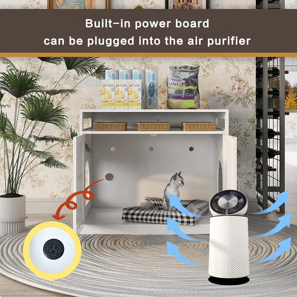 31.5" L White Cat Litter Box Enclosure with Hidden Plug & 2 Doors, Indoor Large Cat Washroom Storage Bench Side Table4
