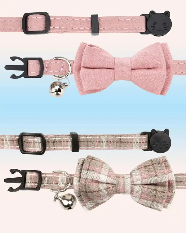 Cat Collar Breakaway Bowtie Safety with Bell Adjustbale Kitten Puppy Solid Plaid Color Set D-[2Pcs] Pink-22