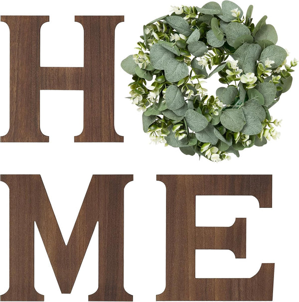 Home Sign Wall Decor, Farmhouse Wood Letters Eucalyptus for O, Brown | Rustic Wood Artificial Eucalyptus, Hanging Home Sign Wall Art, Housewarming Gift, Kitchen Living Room Entryway Apartment1