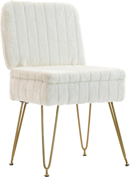 Vanity Chair with Storage | Comfy Ottoman with Folding Back | Faux Fur Vanity Stool with 4 Metal Legs for Make up | Furry Padded Seat with Anti-Slip Feet for Bedroom Dressing Room | White1