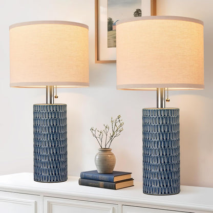 20.5" Modern Ceramic Table Lamps for Bedroom Set of 2, Bedside Lamps for Night Stands with Beige Lampshade, Farmhouse Table Lamp for Living Room Office Dorm, Blue1