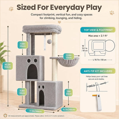 Small Cat Tree Tower for Indoor Cats, 40 in Medium Cat Bed Scratching Posts | Multi Level Compact Kitty Kitten Houses Climbing Trees Stands with 2 Condos Sisal Post Perch Platform Hammock Plush Toy Balls7