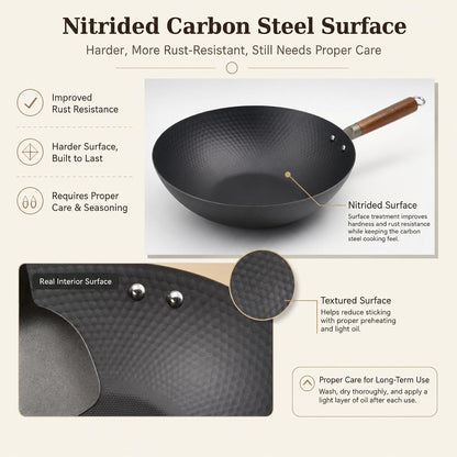 Lightweight Carbon Steel Wok Pan with Lid, 12.6" Flat Bottom Stir Fry Wok for Induction, Electric & Gas Stoves, 2.9 Lb Wok Body, Pre-Seasoned Nitrided Wok, No Chemical Coating4