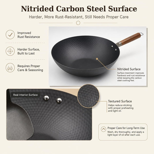 Lightweight Carbon Steel Wok Pan with Lid, 12.6" Flat Bottom Stir Fry Wok for Induction, Electric & Gas Stoves, 2.9 Lb Wok Body, Pre-Seasoned Nitrided Wok, No Chemical Coating4