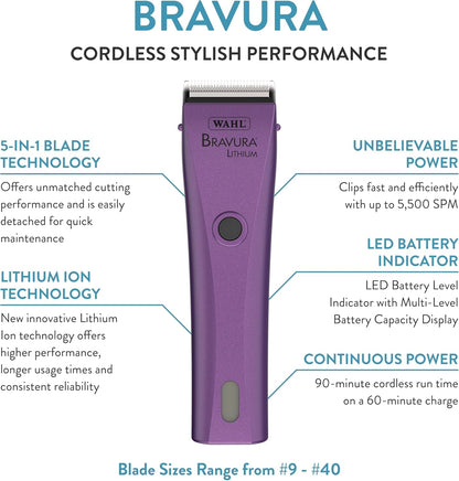 Wahl Professional Animal Bravura Pet, Dog, Cat, and Horse Corded/Cordless Clipper Kit, Purple (#41870-0423)2