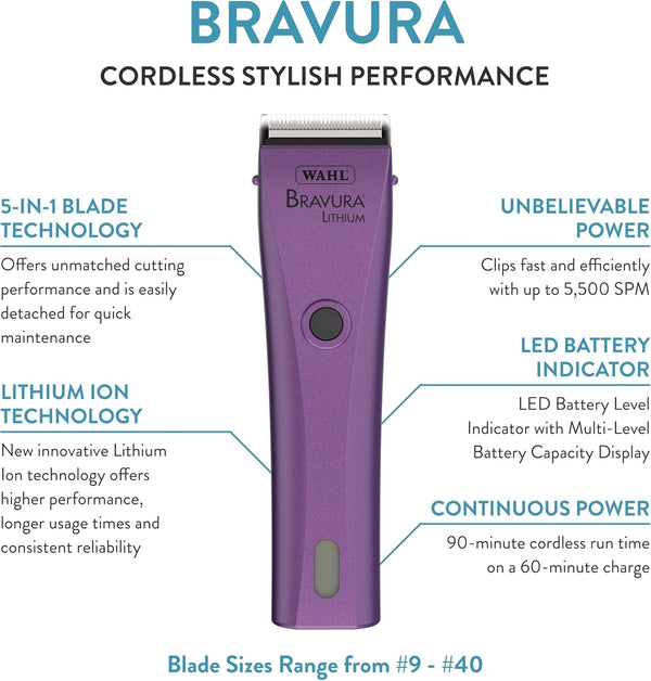 Wahl Professional Animal Bravura Pet, Dog, Cat, and Horse Corded/Cordless Clipper Kit, Purple (#41870-0423)2