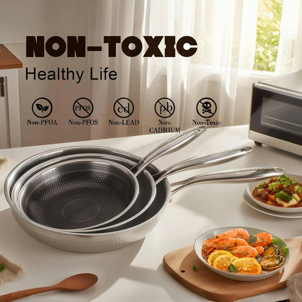 Hybrid 8 10 12 Inch Stainless Steel Non Stick Skillet Set | PFOA Free Cookware, Dishwasher and Oven Safe, Induction Compatible7