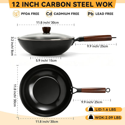 12” Carbon Steel Wok Pan with Lid, Woks & Stir-Fry Pans Nonstick, Pre-Seasoned Flat Bottom Wok for Induction Cooktop, Gas, Electric Stove, Halogen, BBQ & Camping, Open Fire5