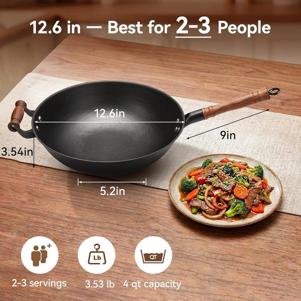 12.6 Inch Cast Iron Wok Pan with Wood Lid, Uncoated Flat Bottom Chinese Stir Fry Pan, Heavy Duty Wok for Induction, Gas and Electric Stoves2