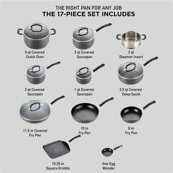 Ultimate Hard Anodized Nonstick Pots and Pans Set 17 Piece, Nonstick Cookware Set with Fry Pan, Saucepans, Saute-Pan, Griddle, Dishwasher Safe, Onyx2