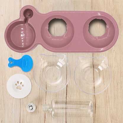 Triple Cat Bowls,15°Tilt 3-In-1 Water Feeder Bowls Cat Double Food Bowls with Automatic Water Bottle Bowl, Whisker Friendly Wet and Dry Cat Elevated Feeding Dishes for Small Cat and Puppy (Pink)6