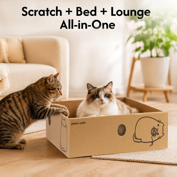 Primepets Cardboard Cat Scratcher Box XL, 5 Pack Pads, Indoor Cats Bed | 17X13X5 Size, Reversible Pads, Smart Hole Design, Catnip Included, Low Mess, Furniture Protection, Multi-Cat Friendly2