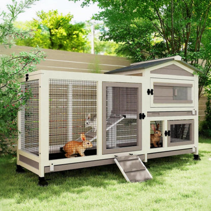 2 Story Rabbit Hutch Outdoor Indoor, Wooden Bunny Cage with 6 Lockable Wheels, 3 Removable No Leakage Pull Out Trays, Chew-Proof Ramp & Waterproof Roof, Ideal for Rabbit & Guinea Pig1