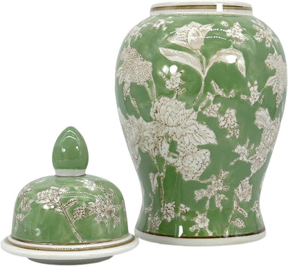 14" Green & White Floral Ceramic Porcelain Ginger Jar Floral Home Décor Jar Urn Shape Vase3