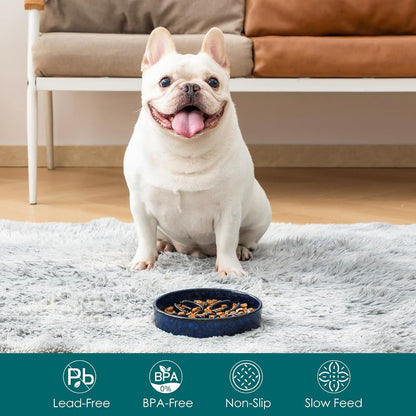 Vancasso Ceramic Slow Feeder Dog Bowls, Puzzle Dog Food Bowls with Floral Maze, anti -Slip Pet Food Dish for Small Breed, 0.6 Cups, Blue3