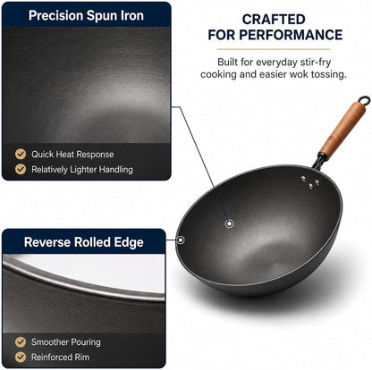 Carbon Steel Wok with Glass Lid, 12.6 Inch Flat Bottom Stir Fry Pan, Rolled Edge Spun Wok Pan, Coating-Free Wok for Induction, Gas & Electric Cooktops, 3–4 Servings3
