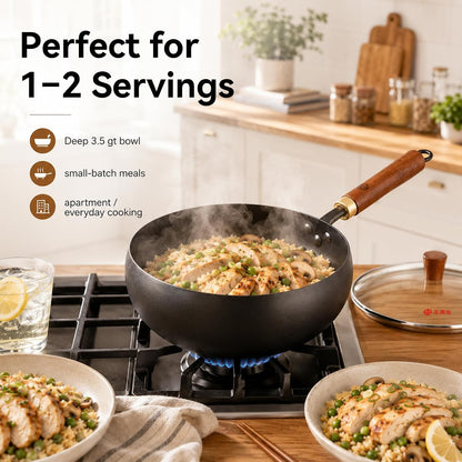 9.5-Inch Carbon Steel Wok with Lid, Flat Bottom Stir Fry Pan | Deep 3.5 QT Bowl for 1–2 Servings; Smooth Carbon Steel Surface; Flat Base for Induction, Gas, Electric and Ceramic Cooktops3