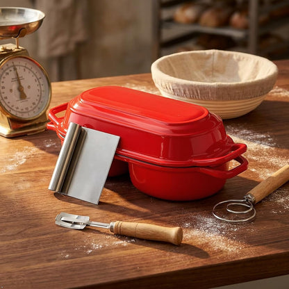 Enameled Cast Iron Mini Double Dutch Oven with Lid, Dual Chamber Small Sourdough Loaf Pans, Nonstick Bread Pot for Sourdough Baking, Fits Oven & Induction Cooktop, Red-2.2Qt3