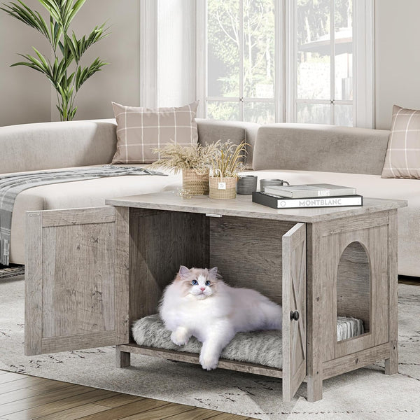 JY QAQA Cat Litter Box Enclosure,Litter Box Furniture Hidden with Barn Door,Wooden Washroom Furniture,Cat House,Fit Most of Litter Box8