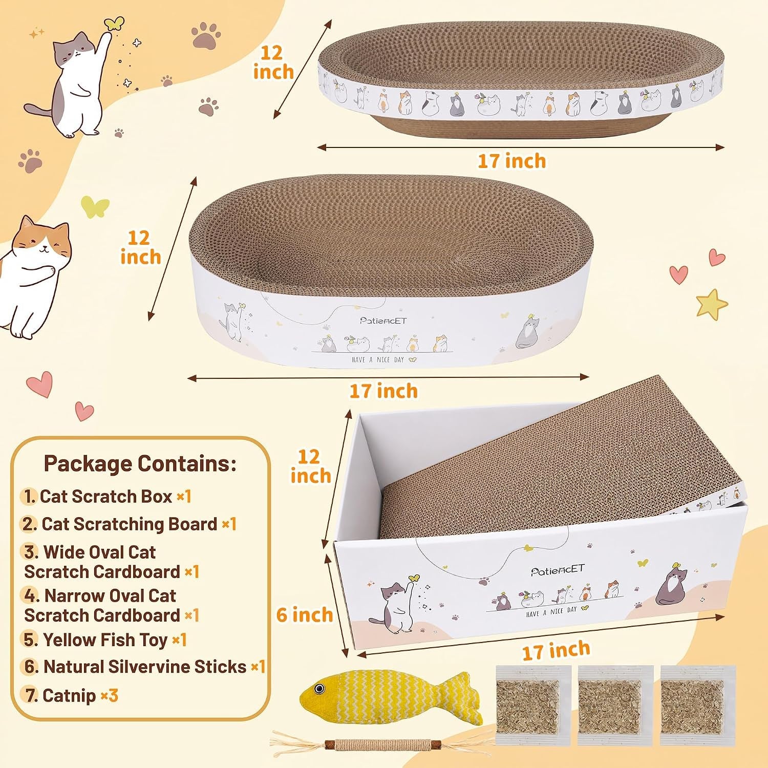 patiencet-3-in-1-cat-scratcher-cardboard-set-for-indoor-cats-cat-lounge-box-with-wide-slim-oval-cat-beds-corrugated-cat-scratching-board-for-furniture-protection-rest-play