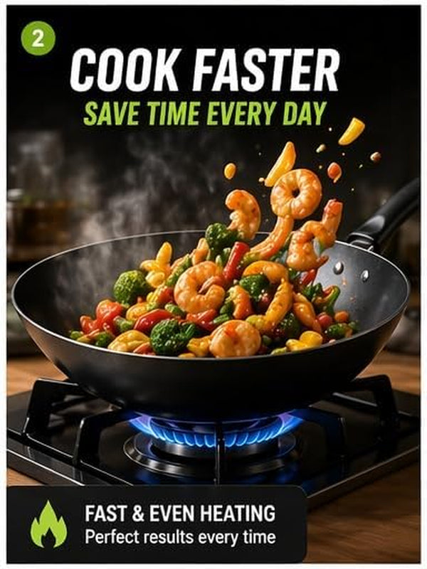 12.5" Carbon Steel Wok – Non-Stick, Pfas-Free Coating, Non-Toxic, Induction-Safe Flat Bottom Stir Fry Pan with Ergonomic Handle3
