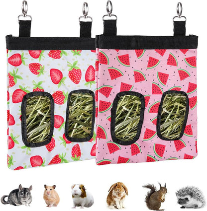 DZWLKJ Guinea Pig Hay Feeder, 2 Pack, 11 X 9 X 1 Inches, Rabbit Hay Feeder Bag, Stainless Steel, 600D Oxford, Watermelon and Strawberry1