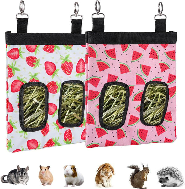 DZWLKJ Guinea Pig Hay Feeder, 2 Pack, 11 X 9 X 1 Inches, Rabbit Hay Feeder Bag, Stainless Steel, 600D Oxford, Watermelon and Strawberry1