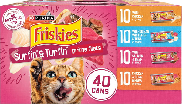 Purina Friskies Prime Filets Cat Food Variety Pack, 40 Pack 5.5 Oz Cans | Surfin' and Turfin' Wet Cat Food Favorites in a Savory Gravy, Made with Real Meat, Poultry and Seafood1