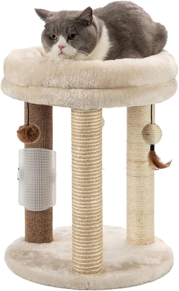 MECOOL 4In1 Small Cat Tree,Scratching Post with Tower Soft Bed, Sisal Carpet Jute Posts with Three Hanging Ball Toys and Massage Brush for Indoor Cats and Kittens1