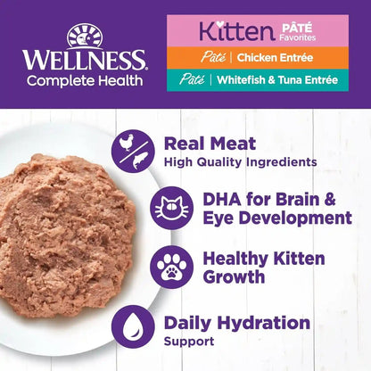 Wellness Complete Health Pate Variety Pack Kitten Canned Wet Cat Food, Natural, Protein Rich, Grain Free, Whitefish and Chicken Recipes, 3 Oz, Pack of 12 Cans2