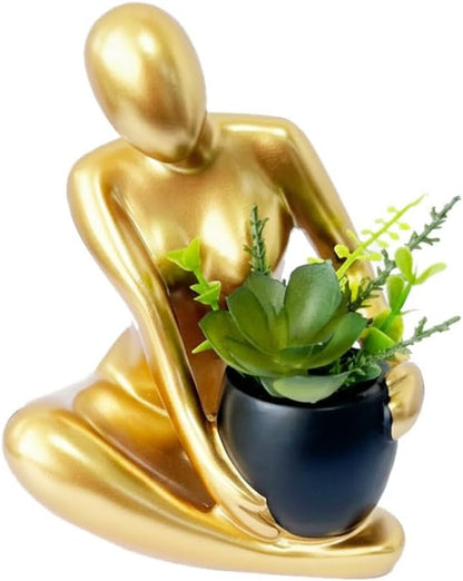 Modern Abstract Statue with Removable Faux Succulents Plants – Resin Figurine Home Decor Accents, Coffee Table Shelf Styling. Collectible Art Luxury Gift Items Woman Thinker Sculpture (Gold)1