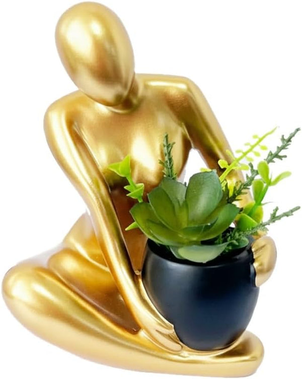 Modern Abstract Statue with Removable Faux Succulents Plants – Resin Figurine Home Decor Accents, Coffee Table Shelf Styling. Collectible Art Luxury Gift Items Woman Thinker Sculpture (Gold)1