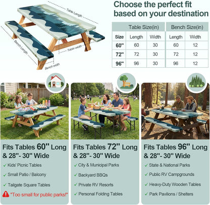 Picnic Table Cover Bench Covers Camping Essentials Tablecloth | Waterproof Vinyl for Outdoor, Windproof Elastic Fitted Edges, RV BBQ Accessories Must Haves, Storage Bag Included5