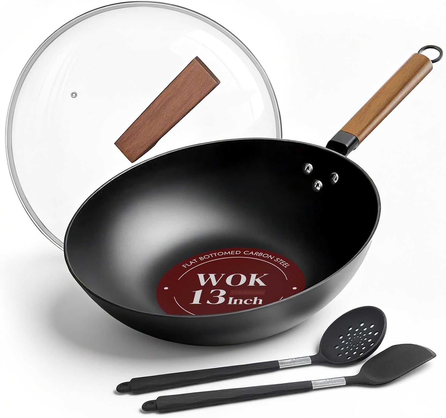 13-inch-wok-pan-with-lid-healthy-nonstick-woks-and-stir-fry-pans-black-silicone-spatula-silicone-strainer-standing-lid