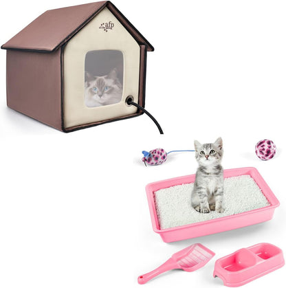 Pink Cat Litter Box Set, Small Cat Kitten Starter Kit with Litter Scoop, Cat Bowl, Kittens Toy; Heated Cat House Indoor, Cats Home with Heated Pad, Cat Houses & Condos, Heater Cat Bed1