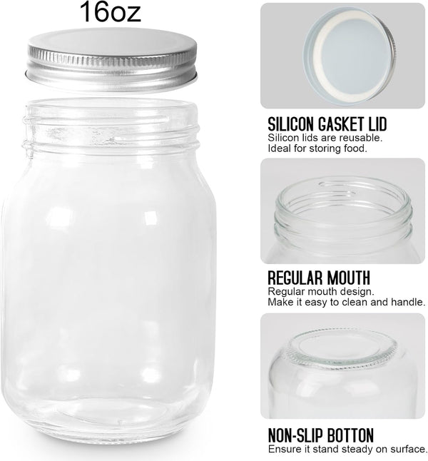 Glass Mason Jars, 16Oz Regular Mouth Canning Jar with Airtight Lids, 4 Pack | Small Sealing Containers, Glass Jars, Durable Clear Glass Material, for Food Storage, Overnight Oats, Meal Prep, Candy7