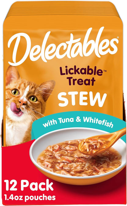 Delectables Lickable Treat Stew Wet Cat Treat with Real Tuna & Whitefish, Food Topper, Hydrating, Grain-Free, No Fillers, No By-Products, No Added Preservatives, 1.4Oz Pouch, 12Ct1