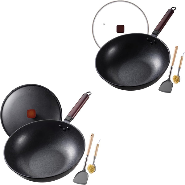 2 PCS Carbon Steel Wok -13 Inch Woks & Stir-Fry Pans Nonstick, Wok Pan with Glass Lid Spatula and Dish Brush: Pre-Seasoned Flat Bottom Chinese Wok for Induction, Electric, Gas, All Stoves1