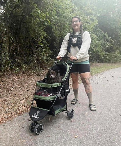 ROODO 3 Wheel Pet Stroller Best Lightweight Foldable Compact Portable Jogger All Terrain Travel Pet Gear Puppy Kitty Stroller for up to 30Lbs Medium Small Dogs and Cats(Green)2