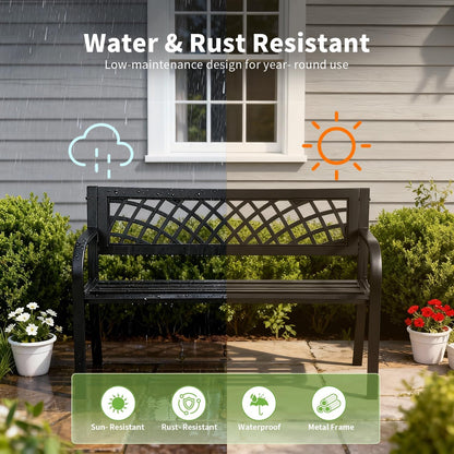 | 46" Outdoor Garden Bench | Black | 480Lbs Load Capacity | Heavy Duty Metal Patio Bench with Grid Design | Rust & Weather-Resistant | for Lawn, Yard, Parks, Patio, Porch, Entryway4