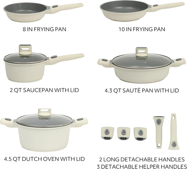 Sur La Table Kitchen Essentials 13 Piece Detachable Handle Pots and Pans Premium PFA Free Premium Ceramic Non Stick Induction Safe and Secure Removable Handle Cookware Set - Eggshell White3